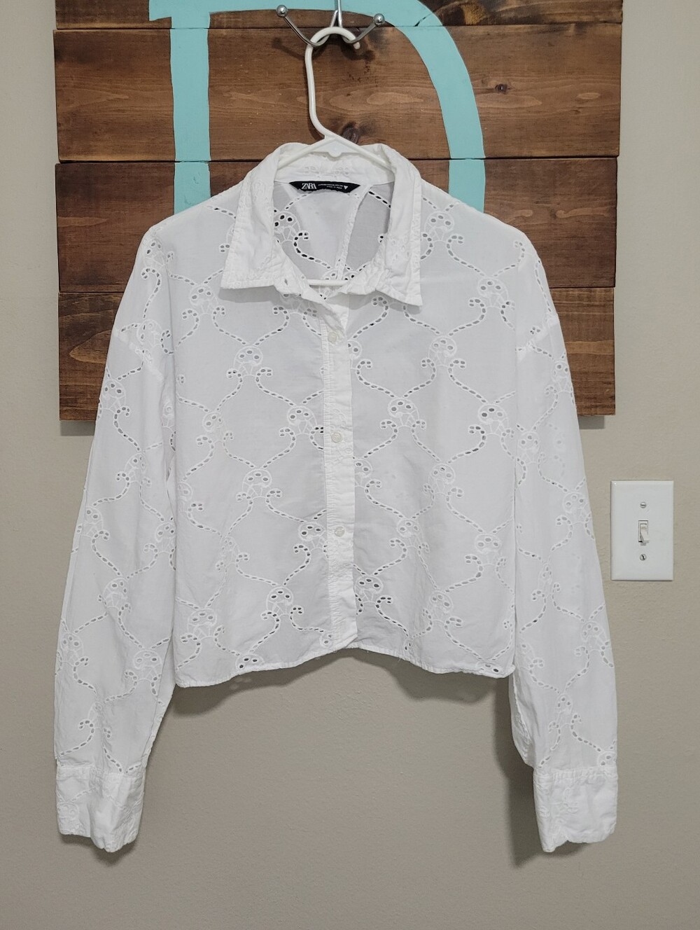 Zara White Eyelet Coastal Button-Front Open Back Crop Cottage Blouse Xxl